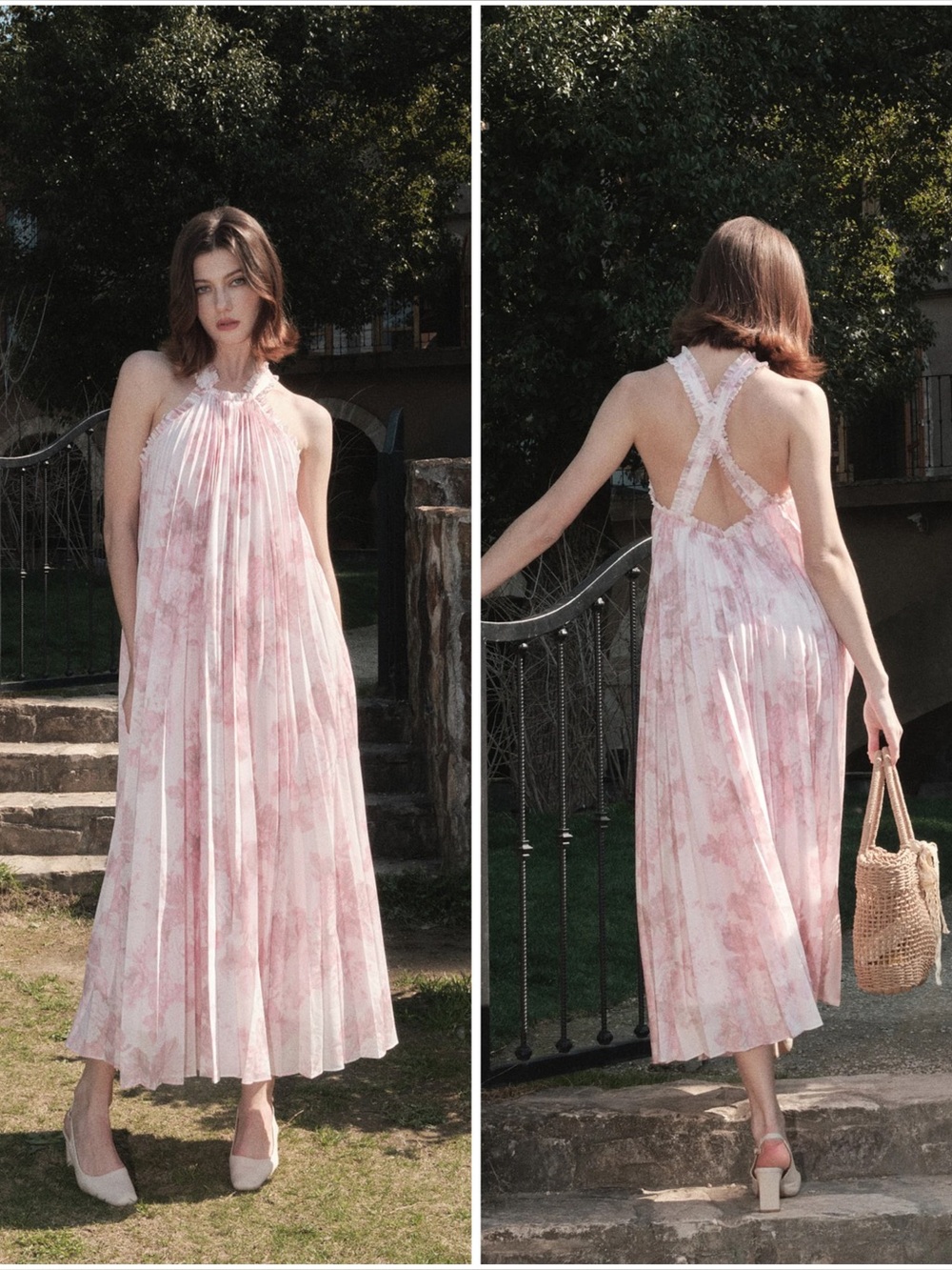 Maison Amory The Daisy Dress in Pink Daffodils & Lilies Floral Pink Maxi Dress